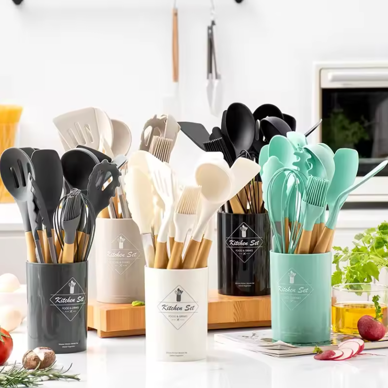 Ensemble Ustensiles de Cuisine en Silicone et Bois