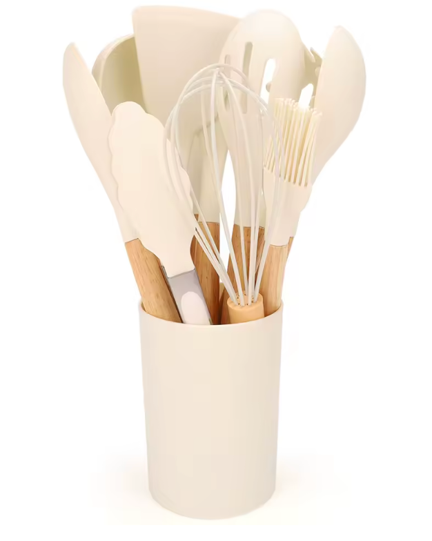 Ensemble Ustensiles de Cuisine en Silicone et Bois