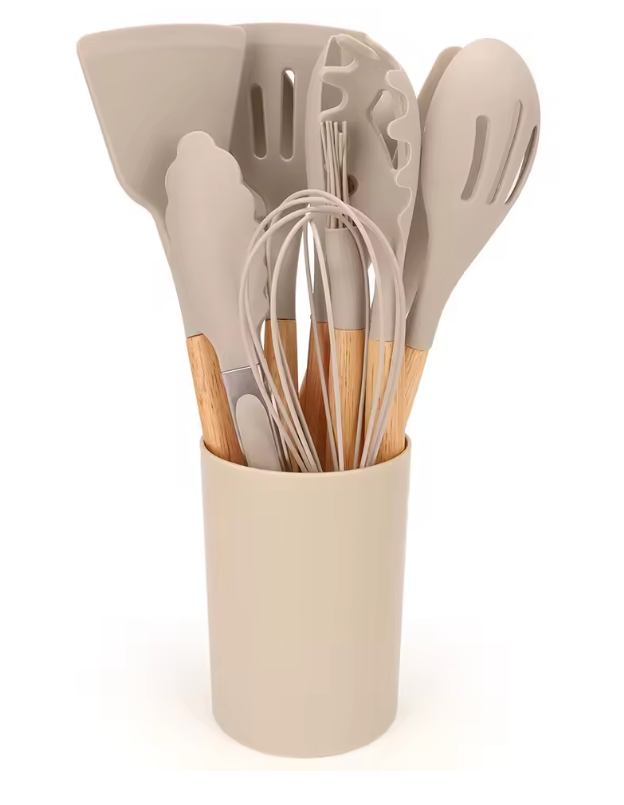 Ensemble Ustensiles de Cuisine en Silicone et Bois