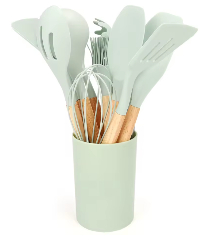 Ensemble Ustensiles de Cuisine en Silicone et Bois
