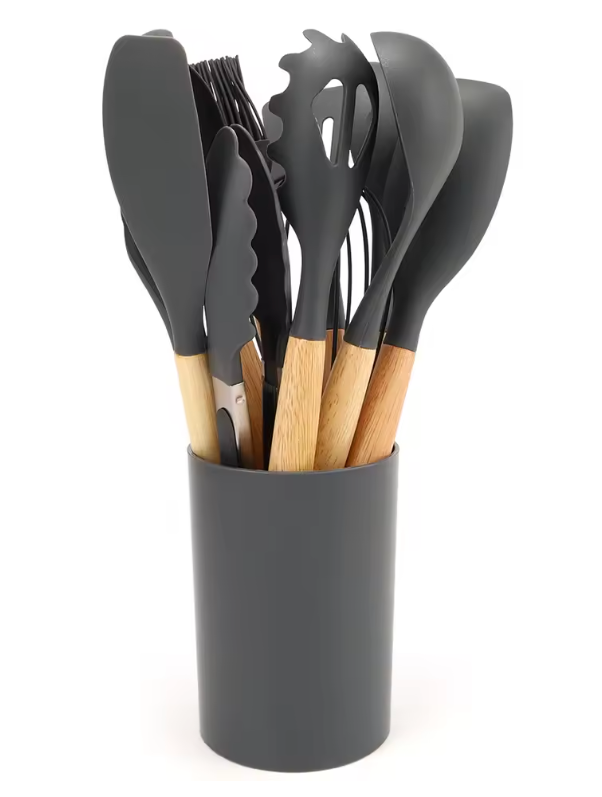 Ensemble Ustensiles de Cuisine en Silicone et Bois