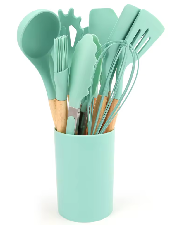Ensemble Ustensiles de Cuisine en Silicone et Bois