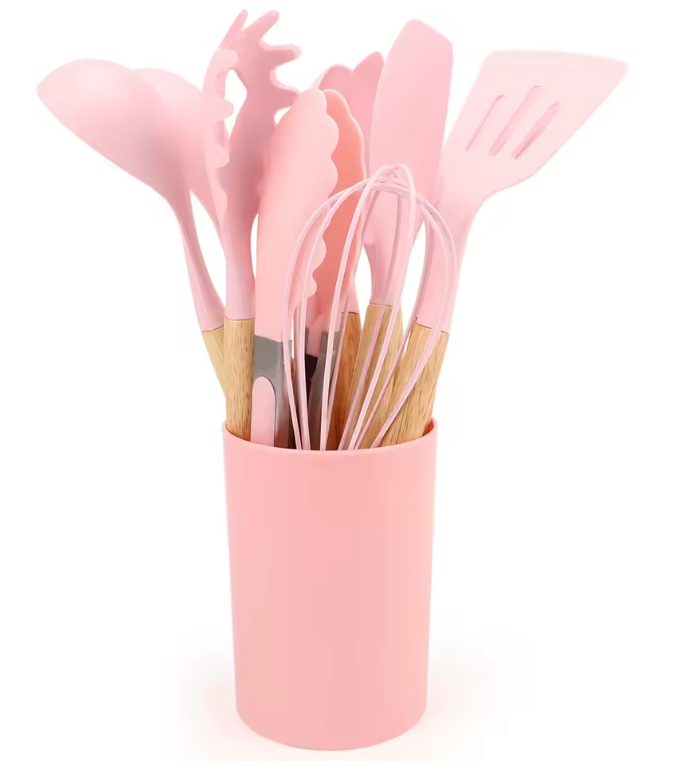 Ensemble Ustensiles de Cuisine en Silicone et Bois