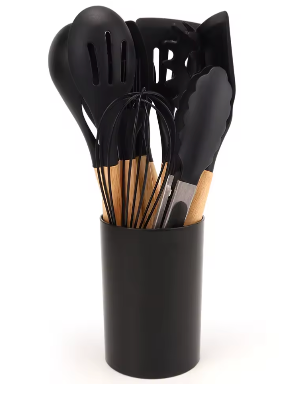 Ensemble Ustensiles de Cuisine en Silicone et Bois